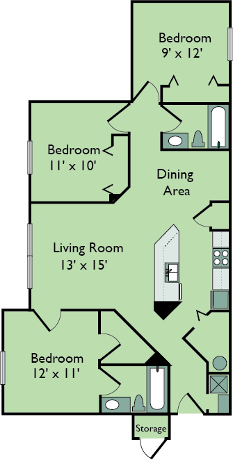 Floor plan for 3 beds, 2 baths, 1174 sqft